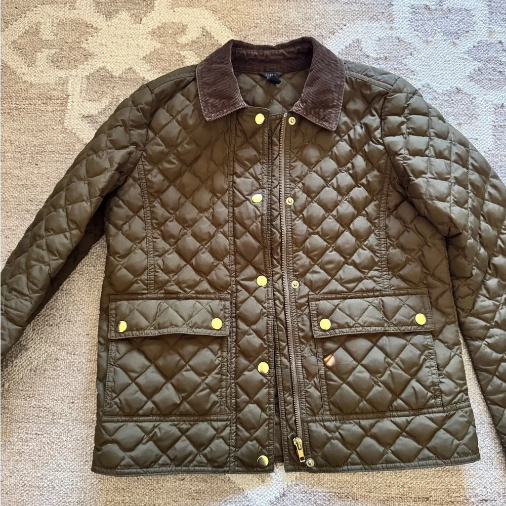 JCrew Olive Green Quilted Barn Jacket Corduroy Collar Sz.‎ XS